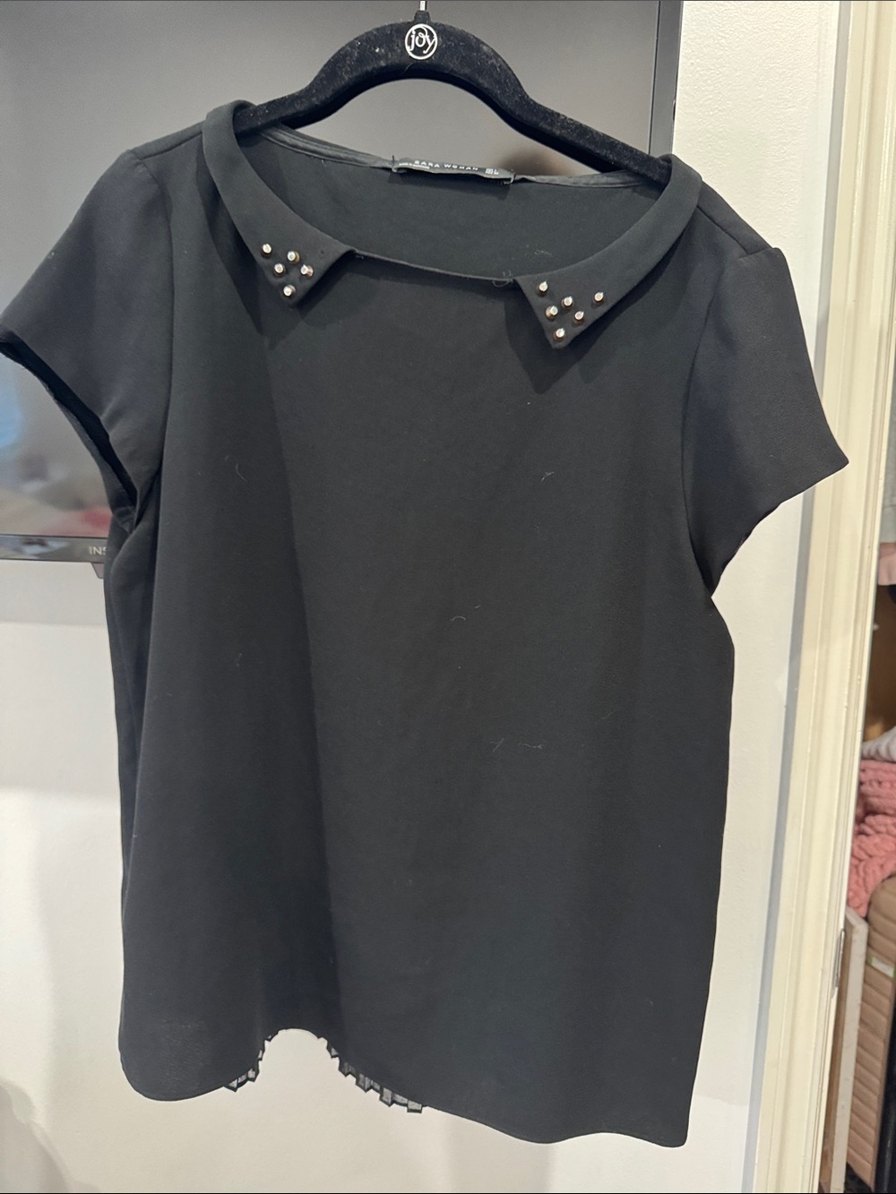 Zara Black Peter Pan Collar Top with Stud Details and pleated back SZ L